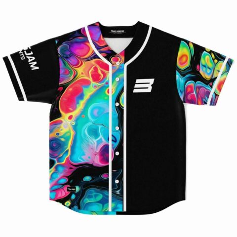 Black baseball jersey with neon acid trip liquid marble panel, white B logo, front view