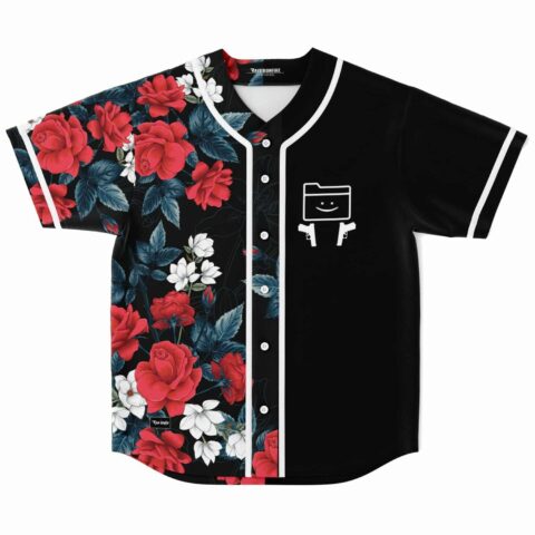 Half rose floral half black rave baseball jersey with smiley folder guns graphic front view