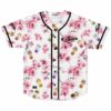 Cherry blossom rave baseball jersey with kawaii boba cup print, flat front view