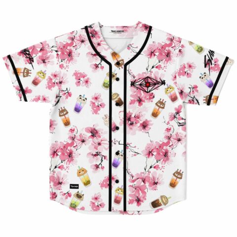 Cherry blossom rave baseball jersey with kawaii boba cup print, flat front view