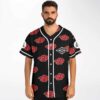Man wearing black rave baseball jersey with red cloud pattern and white trimmed collar