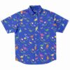 Blue short-sleeve rave button-down shirt with a colorful dinosaur Memphis pattern