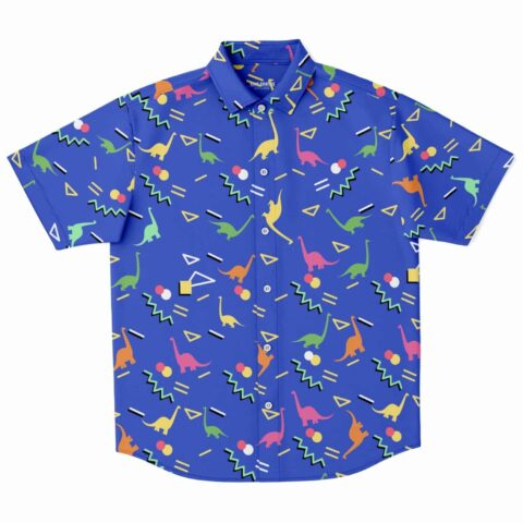 Blue button-up shirt with colorful dinosaur Memphis pattern, short sleeve