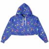 Cropped hoodie with colorful dinosaur patterns on blue background