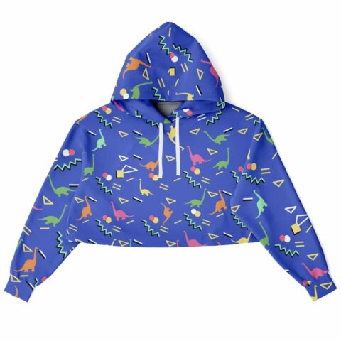 Cropped hoodie with colorful dinosaur patterns on blue background
