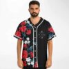 Man modeling black rose print baseball jersey with white piping and X logo, front view