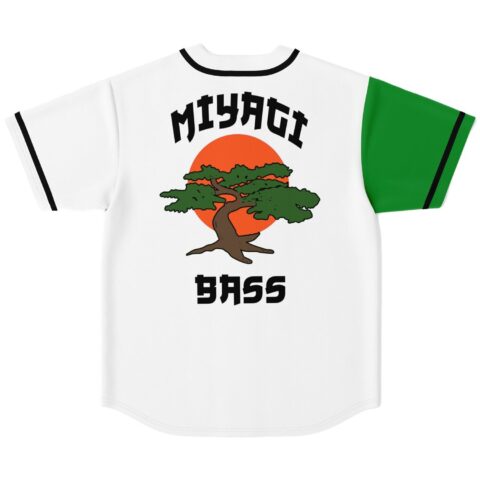 Back view of Miyagi Bass jersey with bonsai tree and orange sun graphic