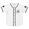 White rave baseball jersey with circled triangle logo and black piping, front view flat lay