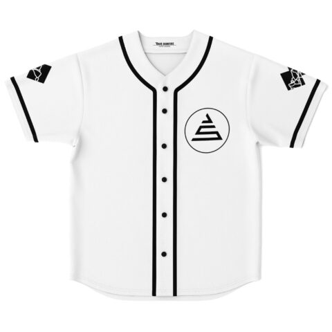 White rave baseball jersey with circled triangle logo and black piping, front view flat lay