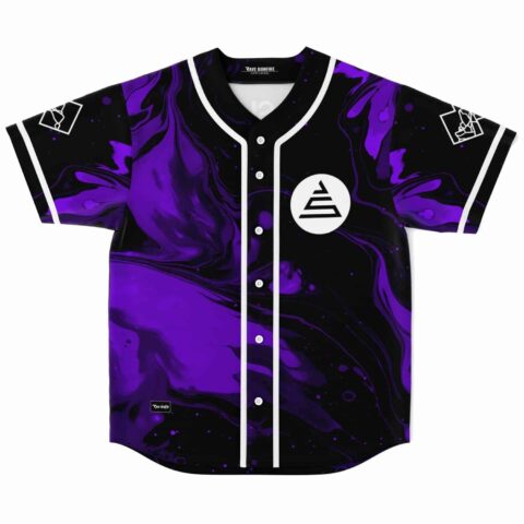 Purple black liquid marble rave baseball jersey front flat lay showing button placket, pyramid logo