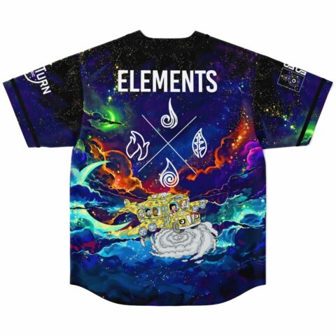 back view of cosmic galaxy rave baseball jersey with flying school bus and Elements text