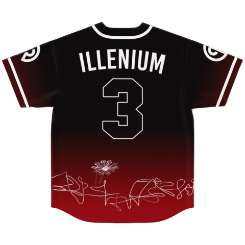 Black and red gradient jersey back view with ILLENIUM number 3 and scribbled flower design