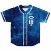 Blue galaxy rave baseball jersey with white halo and bar logo on chest, front view