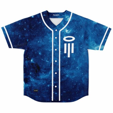 Blue galaxy rave baseball jersey with white halo and bar logo on chest, front view