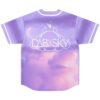 Back view of pastel purple dreamy sky baseball jersey with Dab the Sky bunny logo