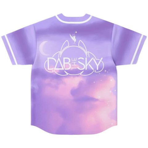 Back view of pastel purple dreamy sky baseball jersey with Dab the Sky bunny logo