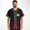 Model wearing black to pink gradient baseball jersey with fanged monster face front logo