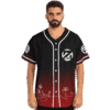Man modeling black and red ombre jersey with circular Z emblem and botanical line sketch