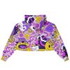Back view cropped hoodie featuring whimsical purple and pink patterns