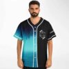 Model wearing black paired split rave baseball jersey with foggy pine and ocean gradient print