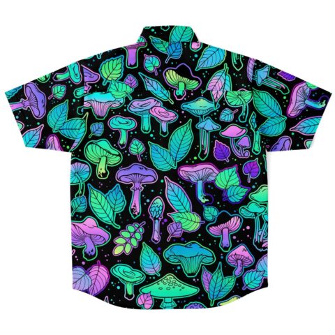 Back view of black shirt featuring vibrant mushroom design