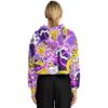 Back view cropped hoodie displaying lively pink and purple patterns