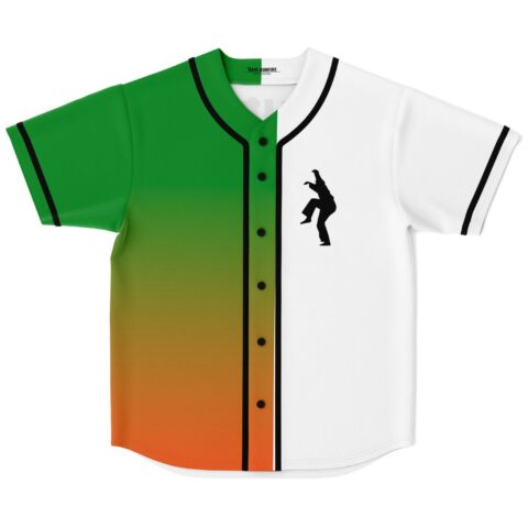Green to orange ombre baseball jersey with karate kick silhouette on white right panel