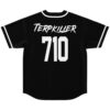 Black rave baseball jersey back view with Terpkiller wordmark and 710 numbering in white