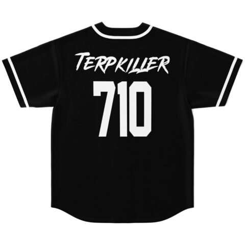 Black rave baseball jersey back view with Terpkiller wordmark and 710 numbering in white