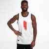 Model wearing white rave jersey with red slashed lines logo on chest, front view