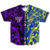 Purple and yellow swirl rave baseball jersey with Level Up and Subtronics text