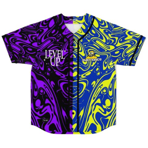 Purple and yellow swirl rave baseball jersey with Level Up and Subtronics text