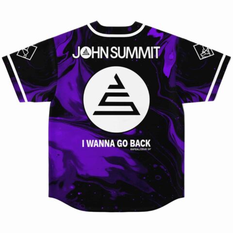 Purple black liquid marble rave baseball jersey back flat lay with pyramid logo and I