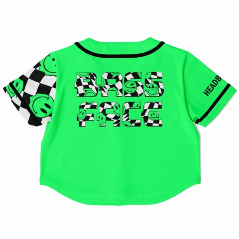 Back view of cropped jersey featuring checkerboard pattern text design