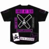 Black punk collage rave jersey back view with X skull crossbones and stacked text patches