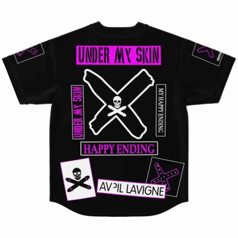 Black punk collage rave jersey back view with X skull crossbones and stacked text patches