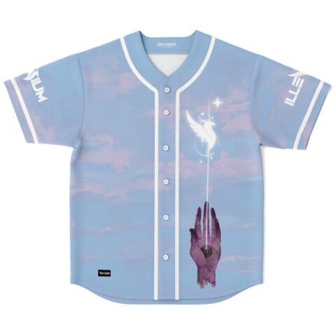Cloudy sky print baseball jersey with glowing dove and purple hand graphic front view