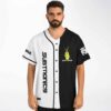 Model wearing split black and white rave baseball jersey with yellow cartoon creature front graphic