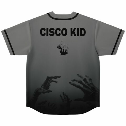 Grey zombie rave baseball jersey back view with Cisco Kid text and reaching hands print