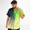 Man wearing polarity neon green flame rave baseball jersey buttoned front