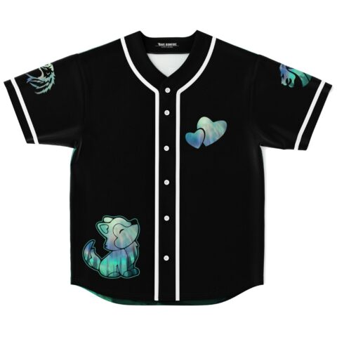Black holographic rave jersey with aurora wolf pup and heart patches front view