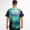 Man modeling rave jersey back design showing aurora forest landscape and Rush Over Me graphic
