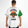 Model shows back of white jersey printed with Miyagi Bass bonsai tree design