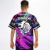 Model rear view of neon liquid swirl jersey featuring Seven Lions logo and cartoon-style running