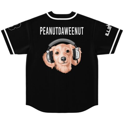Black rave baseball jersey back with headphone dachshund graphic and PEANUTDAWEENUT text