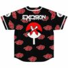 Back view of black baseball jersey with red cloud print and bold Excision text above