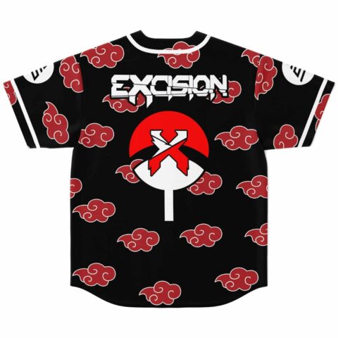 Back view of black baseball jersey with red cloud print and bold Excision text above