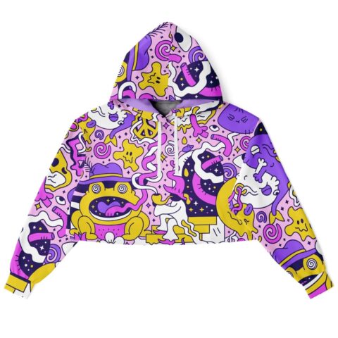 Colorful cropped hoodie with trippy purple and yellow doodle patterns