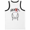 White jersey back view with bold text lettering and circular geometric emblem