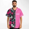 Model wearing Fisher rave jersey front view, black rose floral panel and pink FISHER panel